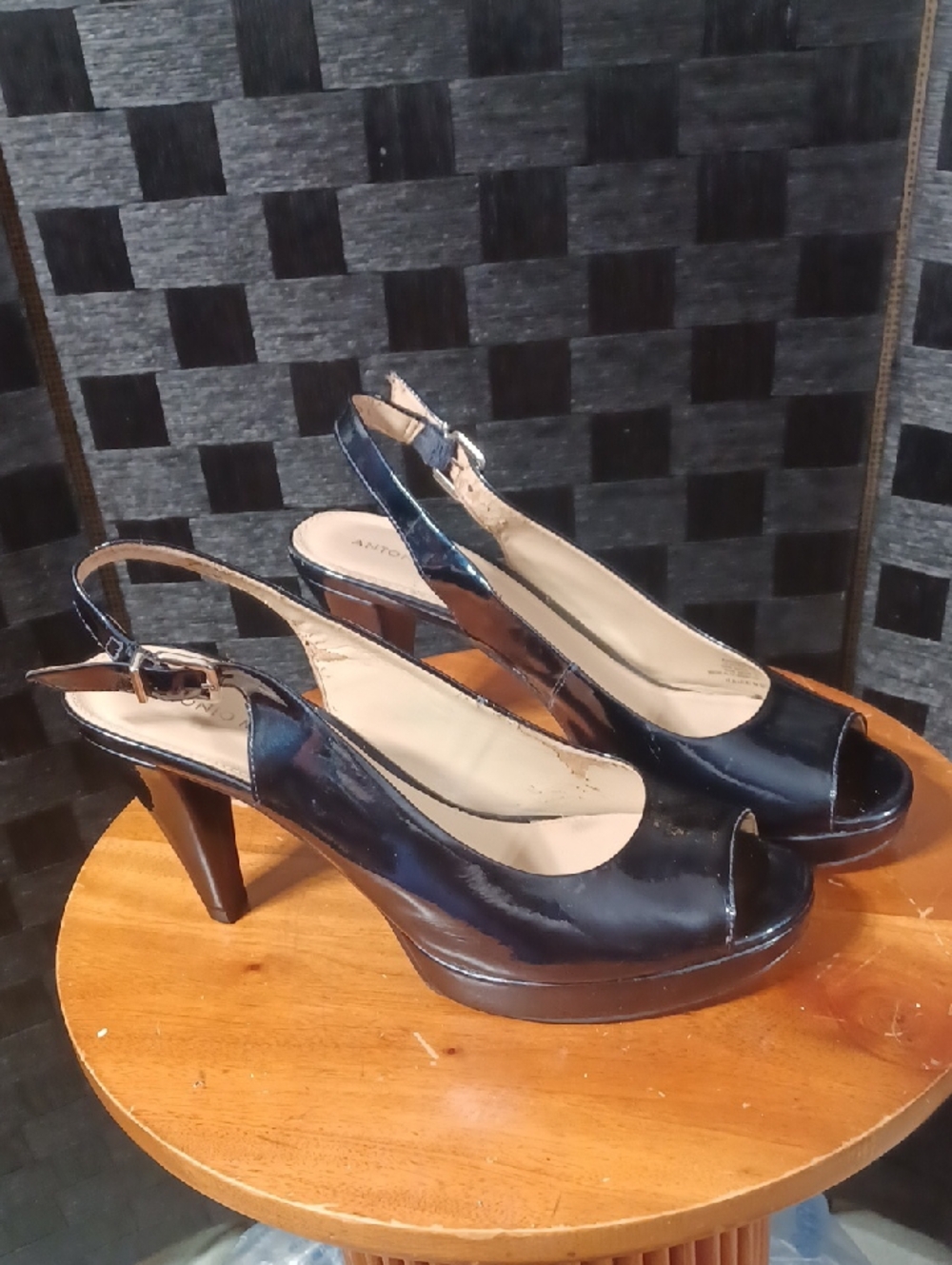 ANTONIO MELANI Black Patent Peep-Toe Slingback Heels